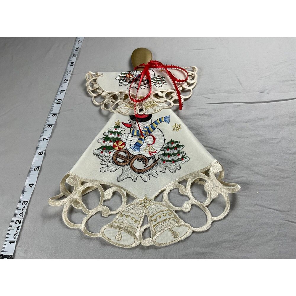 Vintage Christmas angel embroidered linen hanging decoration snowman bells